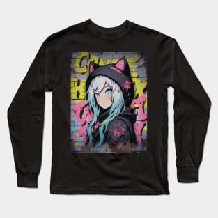 Kawaii Aesthetic Brick Wall Nekomimi Anime Cat Girl Graffiti Art Style Long Sleeve T-Shirt